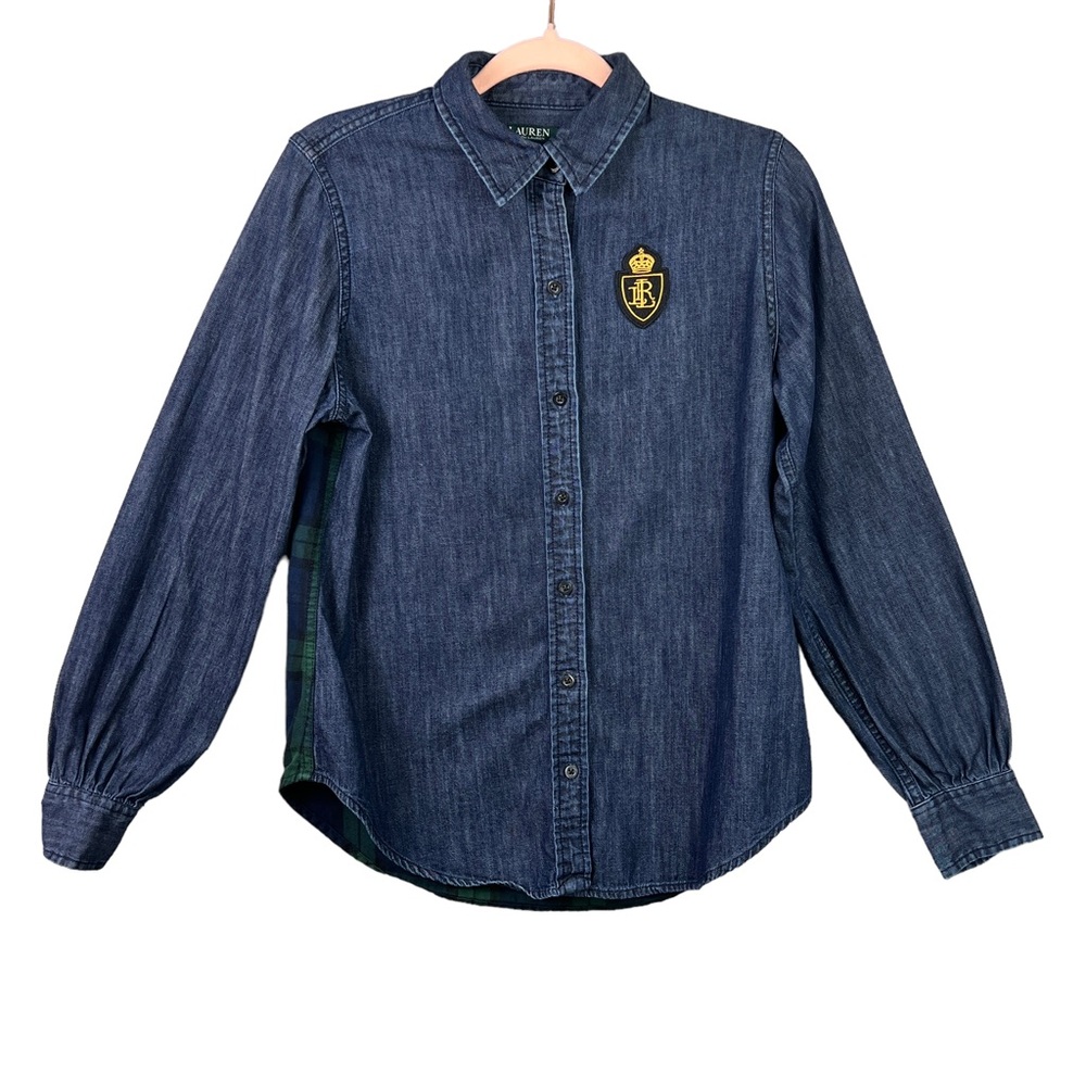 Lauren Ralph Lauren Denim Plaid Patch Long Sleeves Button Down Top size M